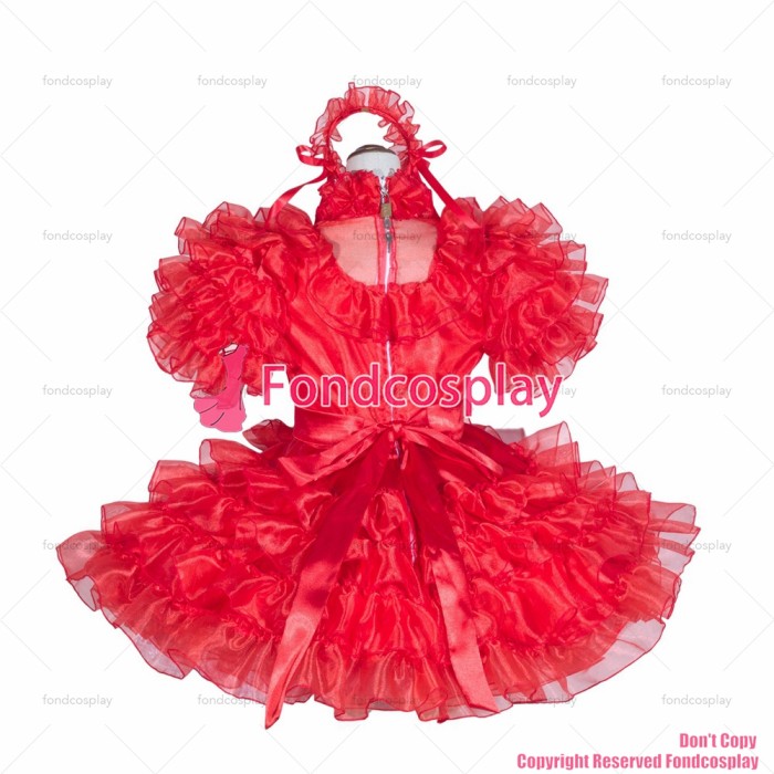 fondcosplay adult sexy cross dressing sissy maid short French Lockable Red Organza satin Dress Uniform CD/TV[G4064]