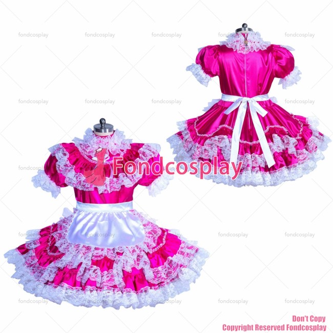 fondcosplay adult sexy cross dressing sissy maid short French hot pink Satin white apron lockable dress CD/TV[G3928]
