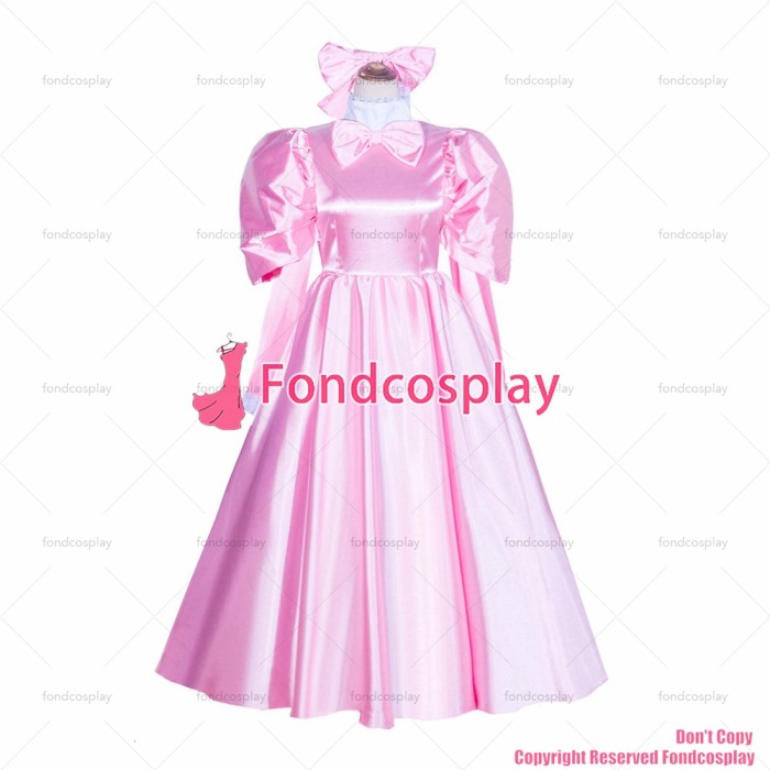 fondcosplay adult sexy cross dressing sissy maid long French Lockable Baby Pink satin long Dress Uniform CD/TV[G4036]
