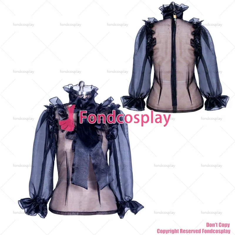 fondcosplay adult sexy cross dressing sissy maid short black Organza Blouse transparency shirt costume CD/TV [G3870]