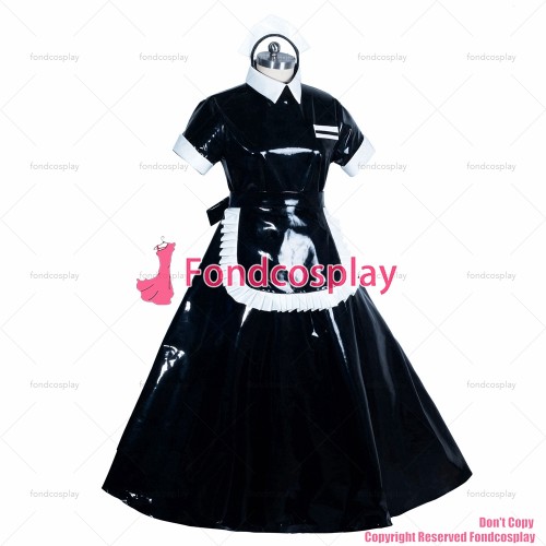 fondcosplay adult sexy cross dressing sissy maid long French heavy PVC lockable black dress Unisex Tailor-maid[G3919]
