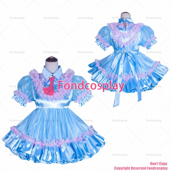fondcosplay adult sexy cross dressing sissy maid short French Lockable blue satin Organza Dress Uniform CD/TV[G4059]
