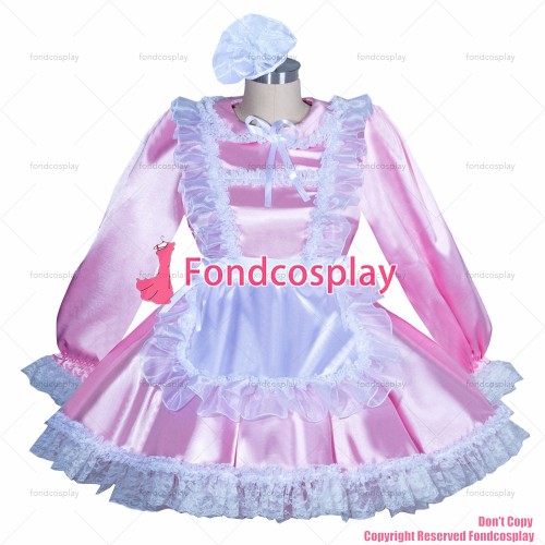 fondcosplay adult sexy cross dressing sissy maid short French pink Satin Lockable Dress white apron CD/TV[G3931]