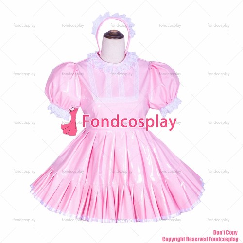 fondcosplay adult sexy cross dressing sissy maid short French Lockable Baby Pink thin PVC Dress Uniform CD/TV[G4020]