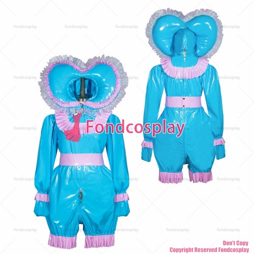 fondcosplay adult sexy cross dressing sissy maid bonnet French blue thin PVC lockable Romper Jumpsuit panties CD/TV[G3944]