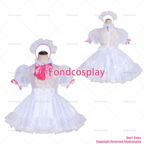 fondcosplay adult sexy cross dressing sissy maid short French Lockable white Organza Dress Uniform Costume CD/TV[G4047]