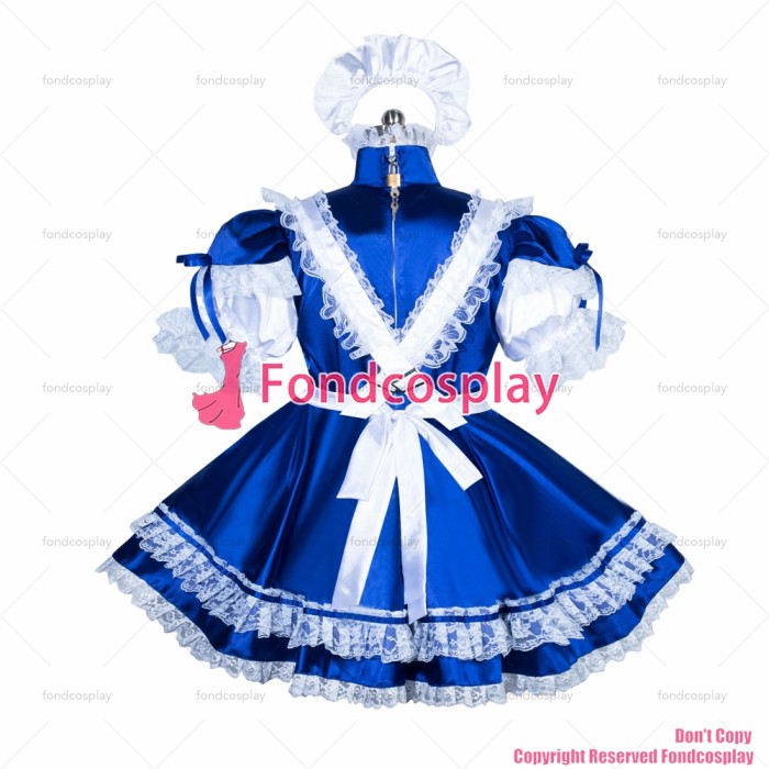 fondcosplay adult sexy cross dressing sissy maid short French lockable blue satin dress white arpon CD/TV[G3891]