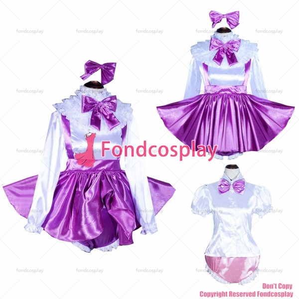 fondcosplay adult sexy cross dressing sissy maid French Lockable purple satin skirt white shirt pink panties CD/TV[G4037]