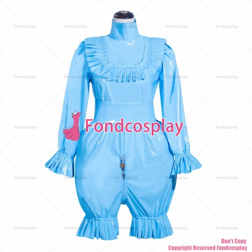 fondcosplay adult sexy cross dressing sissy maid French Lockable Baby blue thin PVC Romper bonnet jumpsuits CD/TV[G4013]
