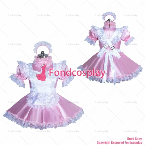 fondcosplay adult sexy cross dressing sissy maid short French lockable pink satin dress white apron unisex CD/TV[G3884]