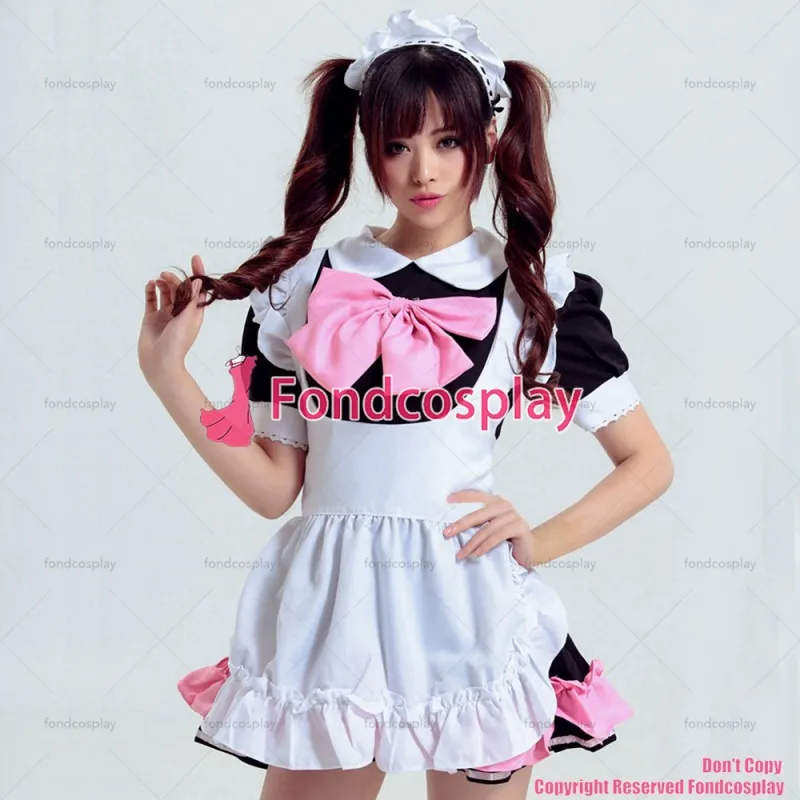 fondcosplay adult sexy cross dressing sissy maid short French lockable black Cotton dress white apron Unisex CD/TV[G3921]
