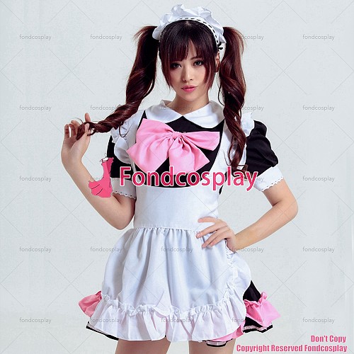 fondcosplay adult sexy cross dressing sissy maid short French lockable black Cotton dress white apron Unisex CD/TV[G3921]