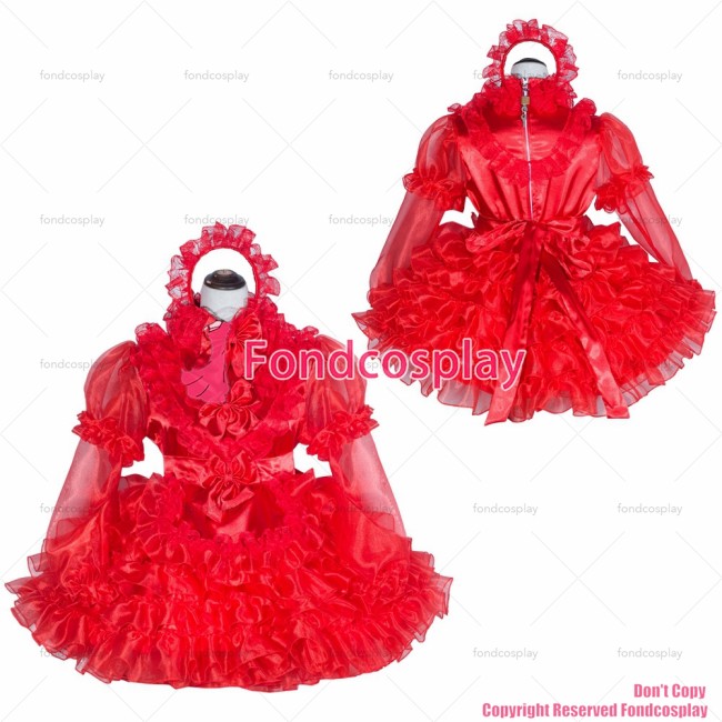 fondcosplay adult sexy cross dressing sissy maid short French Lockable Red Organza satin Dress Uniform CD/TV[G4016]