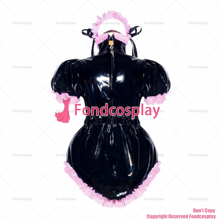 fondcosplay adult sexy cross dressing sissy maid short French 2 Lockable black heavy PVC Romper jumpsuits CD/TV[G4049]