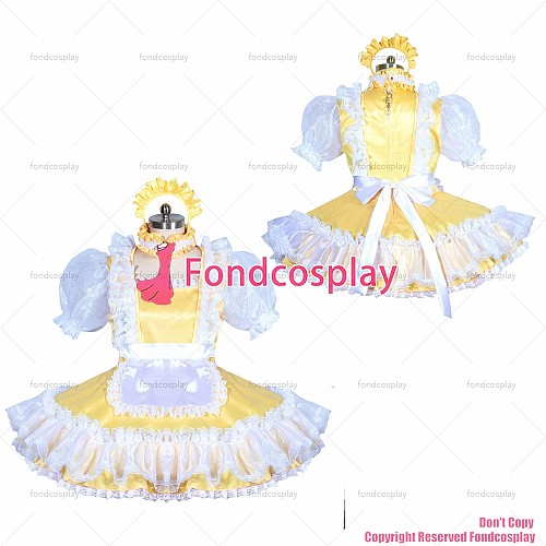 fondcosplay adult sexy cross dressing sissy maid short French lockable yellow satin dress unisex CD/TV[G3899]