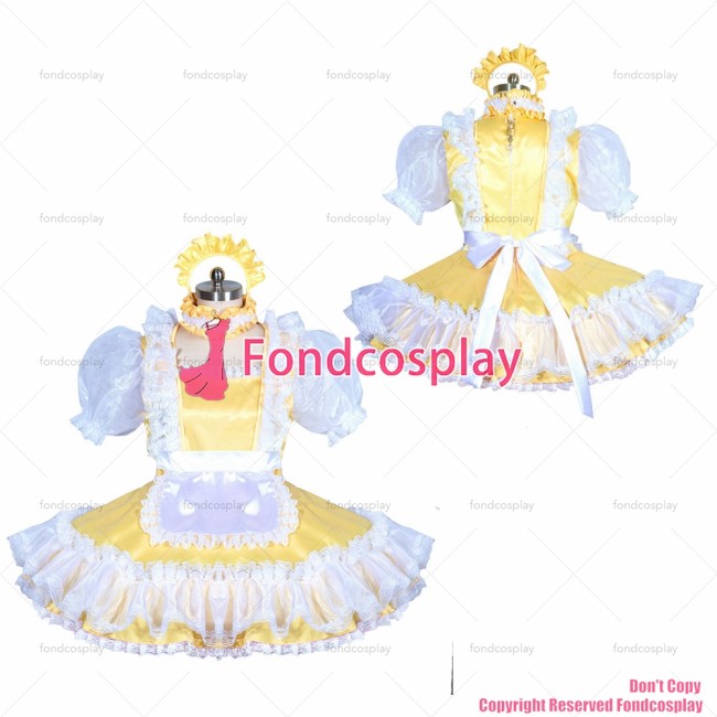 fondcosplay adult sexy cross dressing sissy maid short French lockable yellow satin dress unisex CD/TV[G3899]