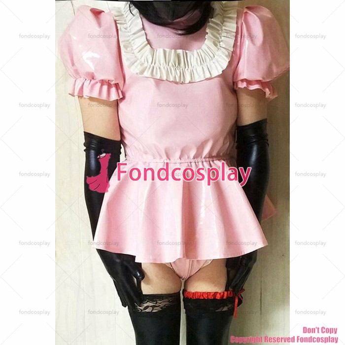 fondcosplay cross dressing sissy maid French Lockable Baby Pink heavy PVC Romper Dress Jumpsuit panties CD/TV[G3999]