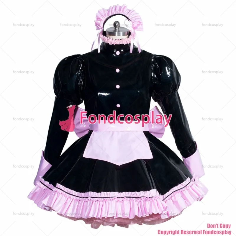 fondcosplay adult sexy cross dressing sissy maid short French black heavy PVC lockable dress Uniform costume CD/TV[G3947]