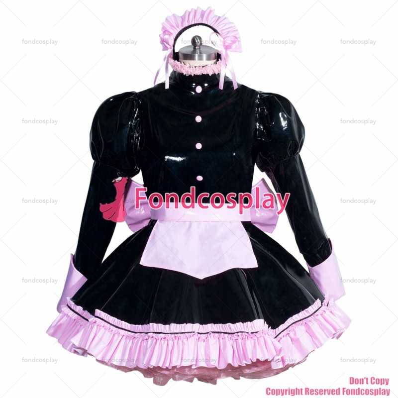 fondcosplay adult sexy cross dressing sissy maid short French black heavy PVC lockable dress Uniform costume CD/TV[G3947]
