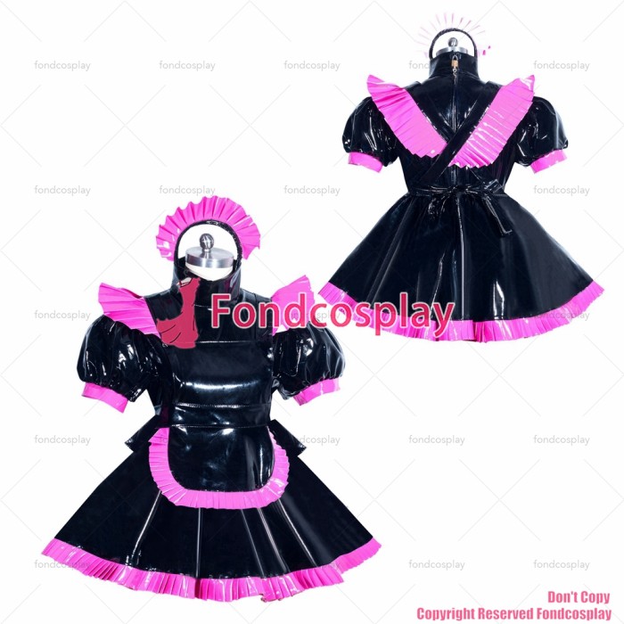 fondcosplay adult sexy cross dressing sissy maid short french heavy Pvc Lockable black Dress hot pink frills CD/TV[G3963]