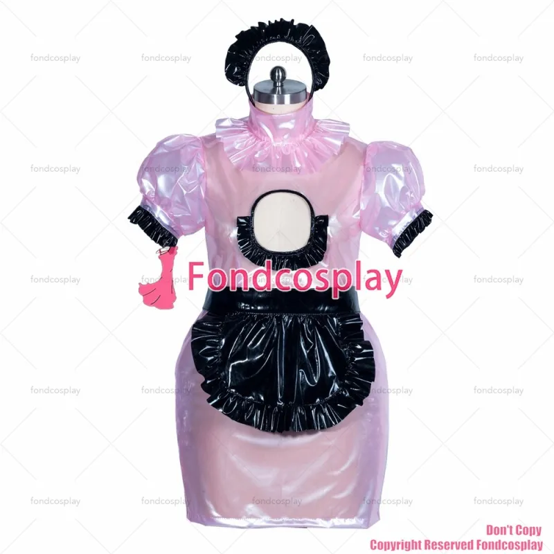 fondcosplay adult sexy cross dressing sissy maid short French lockable baby pink clear PVC dress Open breast CD/TV[G3874]