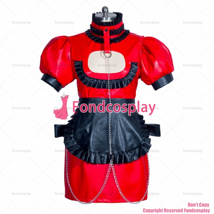 fondcosplay adult cross dressing handcuffs sissy maid short French red leather black apron lockable dress CD/TV[G3935]