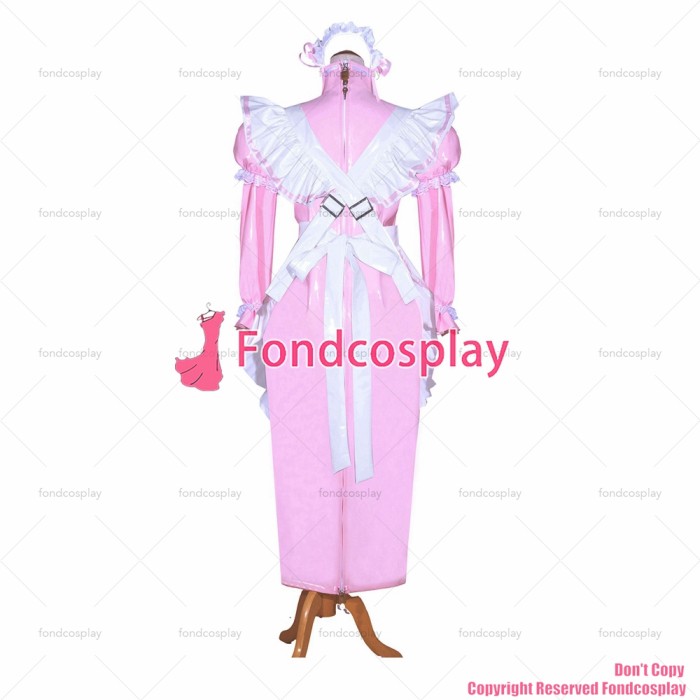 fondcosplay adult cross dressing sissy maid long French Lockable Baby Pink thin PVC Dress Uniform white apron CD/TV[G3981]