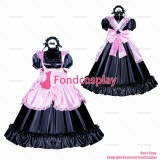 fondcosplay adult sexy cross dressing sissy maid long French Lockable Black Satin Dress pink apron CD/TV[G3995]