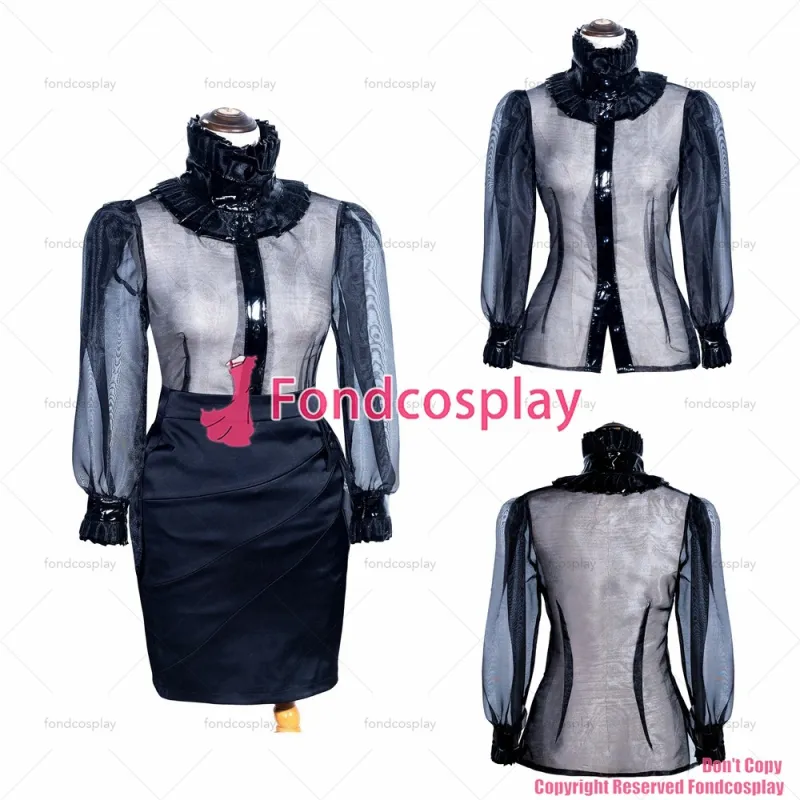 fondcosplay adult sexy cross dressing sissy maid short French Black Satin Skirt organza shirt Uniform Costume CD/TV[G4005]