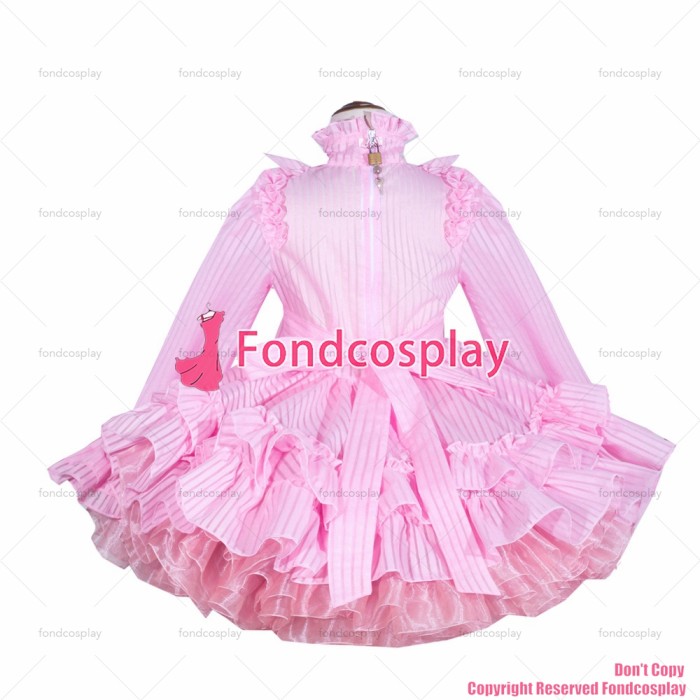 fondcosplay adult sexy cross dressing sissy maid short French Lockable baby pink Organza Dress Uniform stripe CD/TV[G4028]