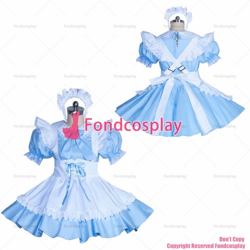 fondcosplay adult sexy cross dressing sissy maid short French lockable baby blue cotton dress white apron CD/TV[G3886]