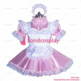 fondcosplay adult sexy cross dressing sissy maid short French lockable pink satin dress white apron unisex CD/TV[G3884]
