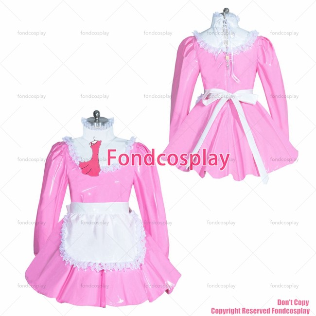 fondcosplay adult sexy cross dressing sissy maid short french lockable baby Pink thin PVC dress Uniform costume CD/TV[G3959]