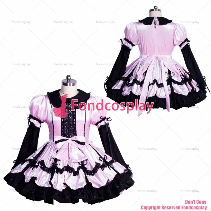 fondcosplay adult sexy cross dressing sissy maid short lockable pink/black velvet dress uniform CD/TV[G3964]