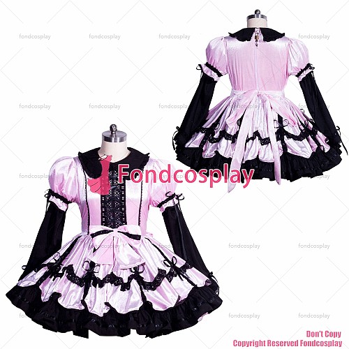 fondcosplay adult sexy cross dressing sissy maid short lockable pink/black velvet dress uniform CD/TV[G3964]