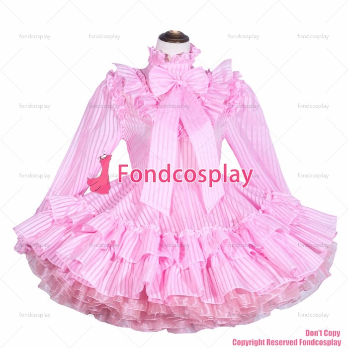 fondcosplay adult sexy cross dressing sissy maid short French Lockable baby pink Organza Dress Uniform stripe CD/TV[G4028]