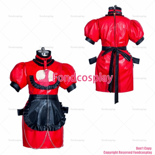 fondcosplay adult cross dressing handcuffs sissy maid short French red leather black apron lockable dress CD/TV[G3935]