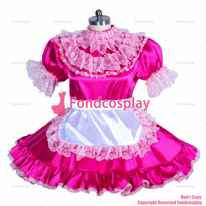 fondcosplay adult sexy cross dressing sissy maid short French hot pink Satin white apron lockable dress CD/TV[G3933]