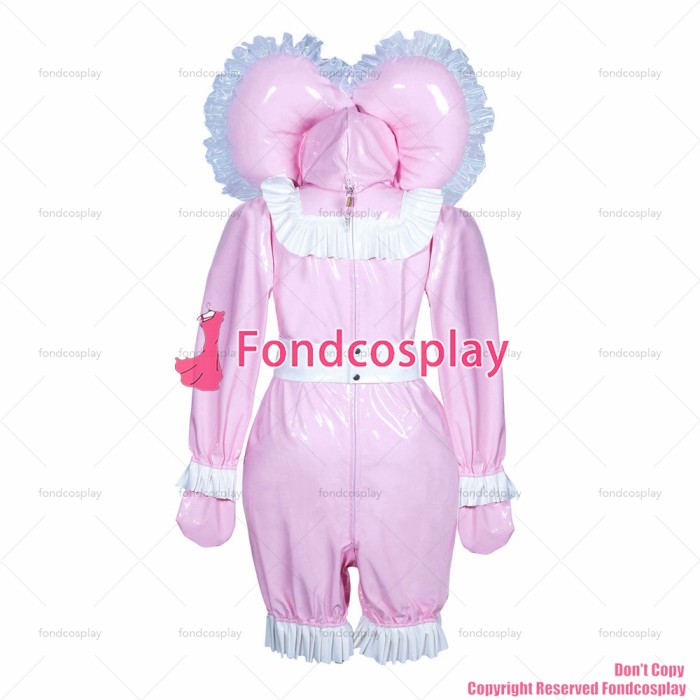 fondcosplay adult sexy cross dressing sissy maid bonnet French lockable baby pink heavy PVC jumpsuits Romper CD/TV[G3910]