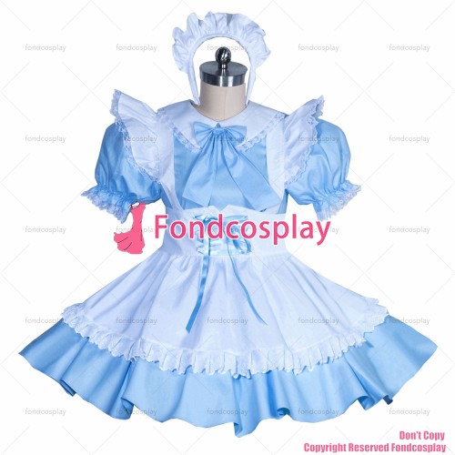fondcosplay adult sexy cross dressing sissy maid short French lockable baby blue cotton dress white apron CD/TV[G3886]