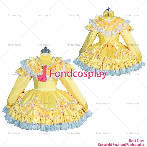 fondcosplay adult sexy cross dressing sissy maid short French lockable yellow satin dress white lace TV CD/TV[G3918]