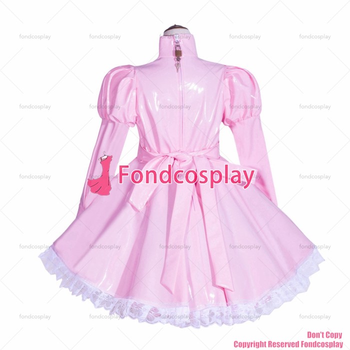 fondcosplay adult sexy cross dressing sissy maid short French Lockable Baby Pink heavy PVC Dress Uniform CD/TV[G4035]