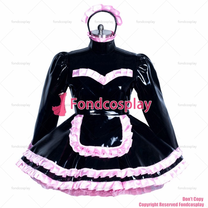 fondcosplay adult sexy cross dressing sissy maid short French Lockable black heavy PVC dress costume CD/TV[G3869]