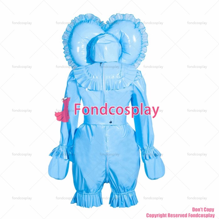 fondcosplay adult sexy cross dressing sissy maid French Lockable Baby blue thin PVC Romper bonnet jumpsuits CD/TV[G4013]