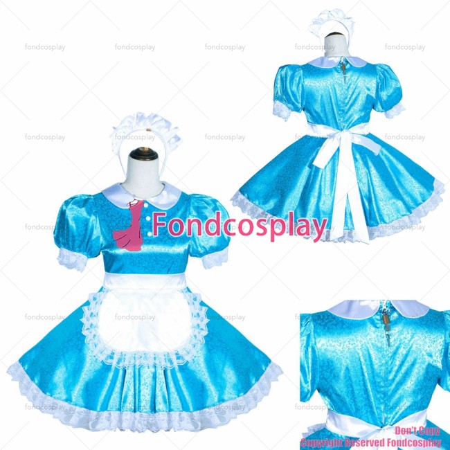 fondcosplay adult sexy cross dressing sissy maid short French Lockable Blue satin Dress Peter Pan collar CD/TV[G4044]