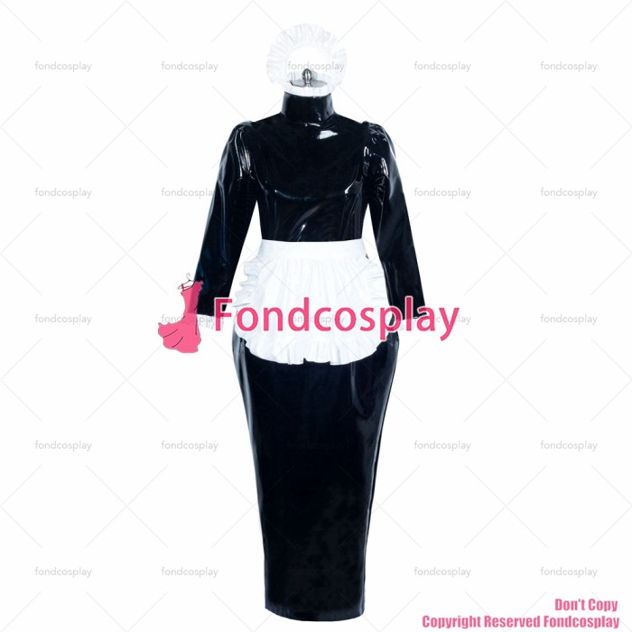 fondcosplay adult cross dressing sissy maid long French lockable black heavy PVC dress hobble white apron Tailor-made[G3893]