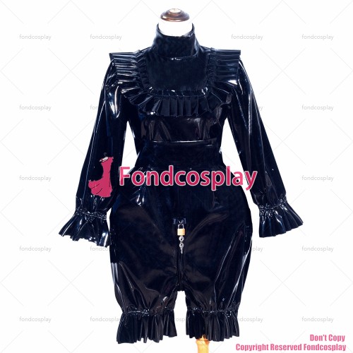 fondcosplay adult sexy cross dressing sissy maid short French Lockable Black thin PVC Romper Jumpsuit Uniform CD/TV[G4010]