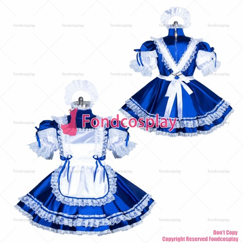 fondcosplay adult sexy cross dressing sissy maid short French lockable blue satin dress white arpon CD/TV[G3891]