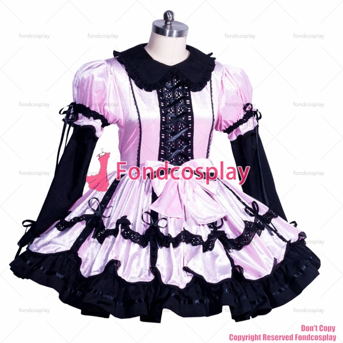 fondcosplay adult sexy cross dressing sissy maid short lockable pink/black velvet dress uniform CD/TV[G3964]