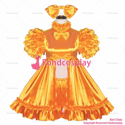 fondcosplay adult sexy cross dressing sissy maid short French Lockable yellow satin Dress Uniform open sex CD/TV[G4040]